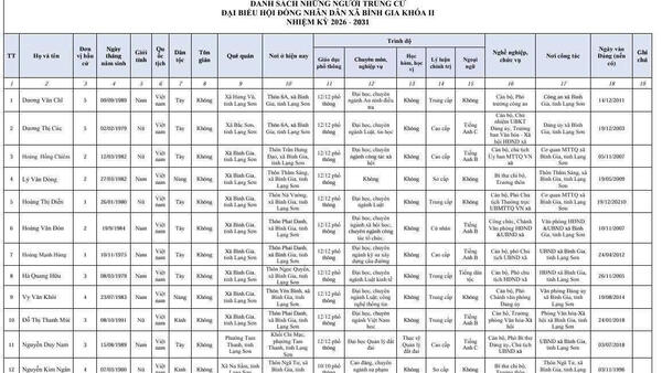 Công bố danh sách trúng cử Đại biểu HĐND xã Bình Gia nhiệm kỳ 2026 - 2031